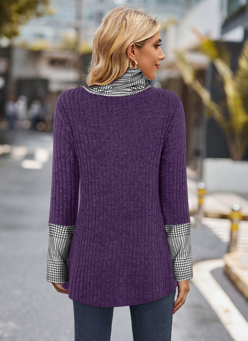 Miusey Turtleneck Sweater Fall Tunic Tops for Women 2025 Long Sleeve Pullover Sweatshirts for Leggings Purple Black Plaid M - Image 5