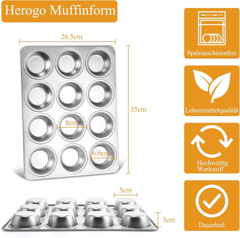 Herogo Muffin Tray, 12 Muffins Stainless Steel Muffin Tray, Metal Muffin Baking Mould for Cupcake, Yorkshire Pie, Pudding, Muffin Cake Mould for Easy to Clean, Dishwasher Safe, Non-Toxic, Silver - Image 2