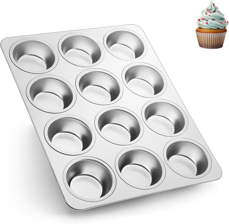 Herogo Muffin Tray, 12 Muffins Stainless Steel Muffin Tray, Metal Muffin Baking Mould for Cupcake, Yorkshire Pie, Pudding, Muffin Cake Mould for Easy to Clean, Dishwasher Safe, Non-Toxic, Silver - Image 1
