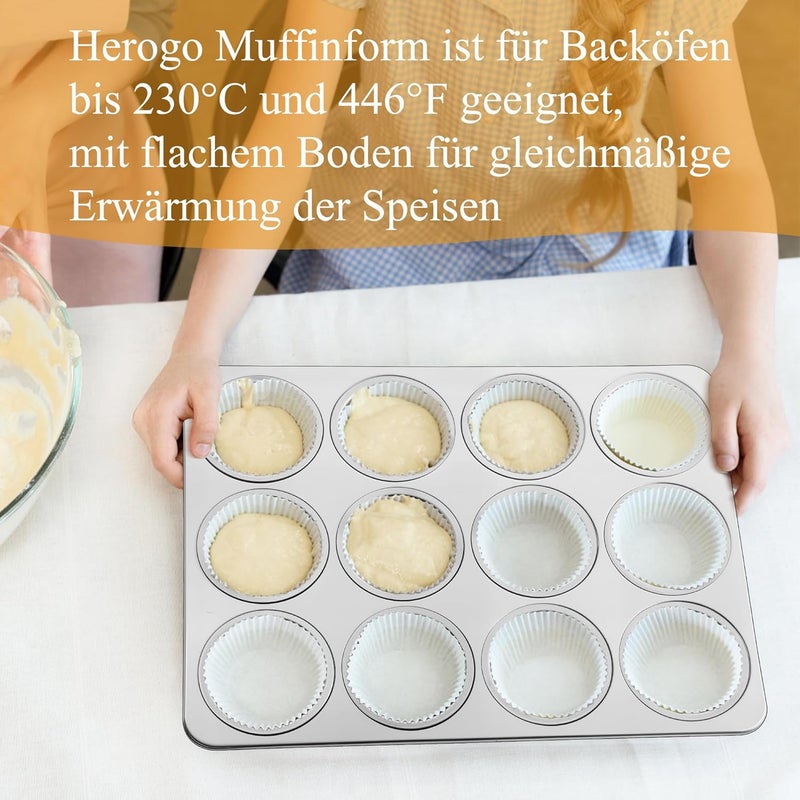 Herogo Muffin Tray, 12 Muffins Stainless Steel Muffin Tray, Metal Muffin Baking Mould for Cupcake, Yorkshire Pie, Pudding, Muffin Cake Mould for Easy to Clean, Dishwasher Safe, Non-Toxic, Silver - Image 4