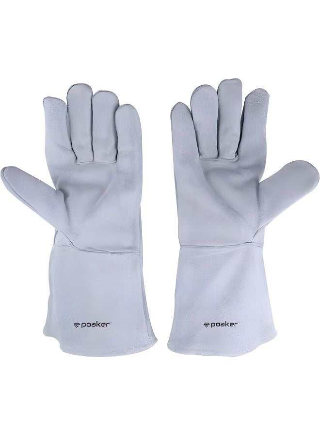 Poaker قفازات لحام جلدية بطول 15 بوصة مقاومة للحرارة والنار للحام MIG/TIG/Stick والشواء ومدافئ النار والتعامل مع الحيوانات والمزيد قفازات أمان ثقيلة من جلد البقر رمادي - Image 1