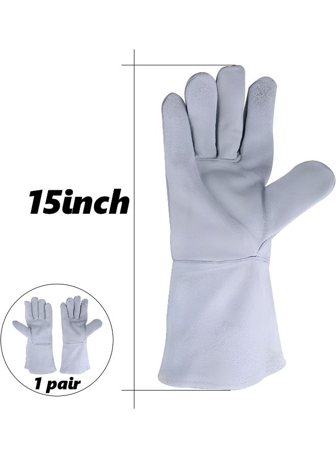 Poaker قفازات لحام جلدية بطول 15 بوصة مقاومة للحرارة والنار للحام MIG/TIG/Stick والشواء ومدافئ النار والتعامل مع الحيوانات والمزيد قفازات أمان ثقيلة من جلد البقر رمادي - Image 2