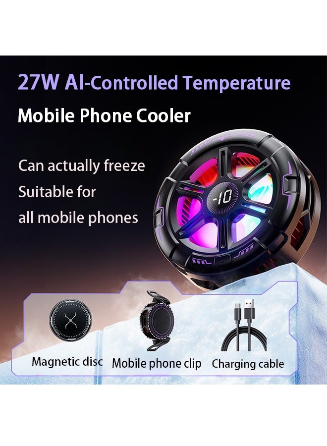 27W Magnetic Phone Cooler Magnetic/Clip Dual-Mode Cooling fan for mobile Cooling cooler fan for mobile iphone cooler mobile cooler fan 4-Gear Smart Temp Control LED Temp Display 5V/2A Quiet Noise Reduction Cellphone Radiator for iOS/Android/Tiktok Live Streaming Black