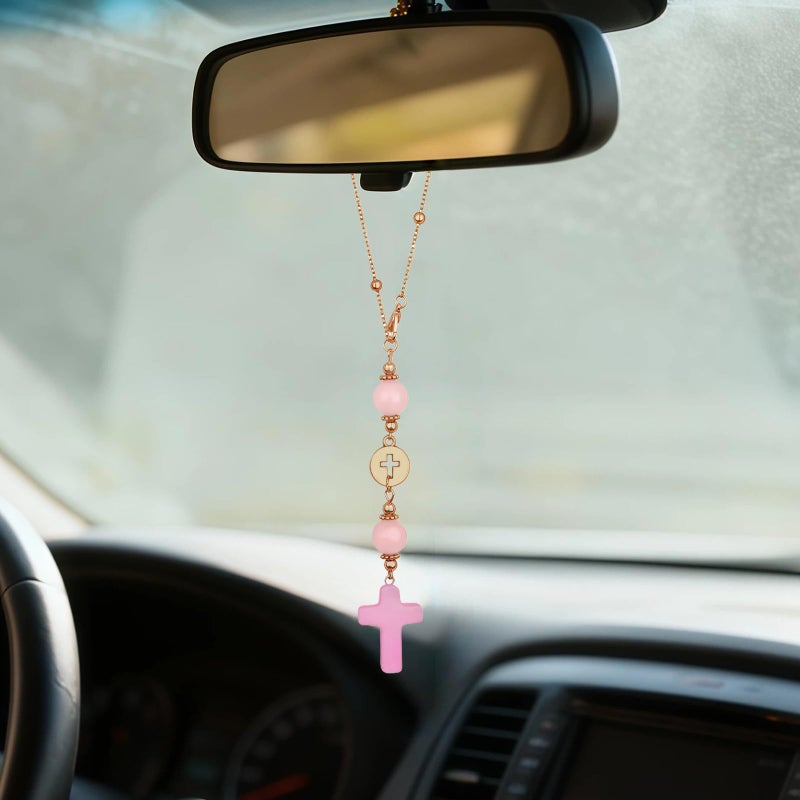 AMZAUTO Crystal Cross Car Mirror Hanger Stone Cross for Rear View Mirror Car Rearview Hanging Ornament Cute Rose Quartz Crystal Pendants Decorations Accessories for Women Pink - Image 3