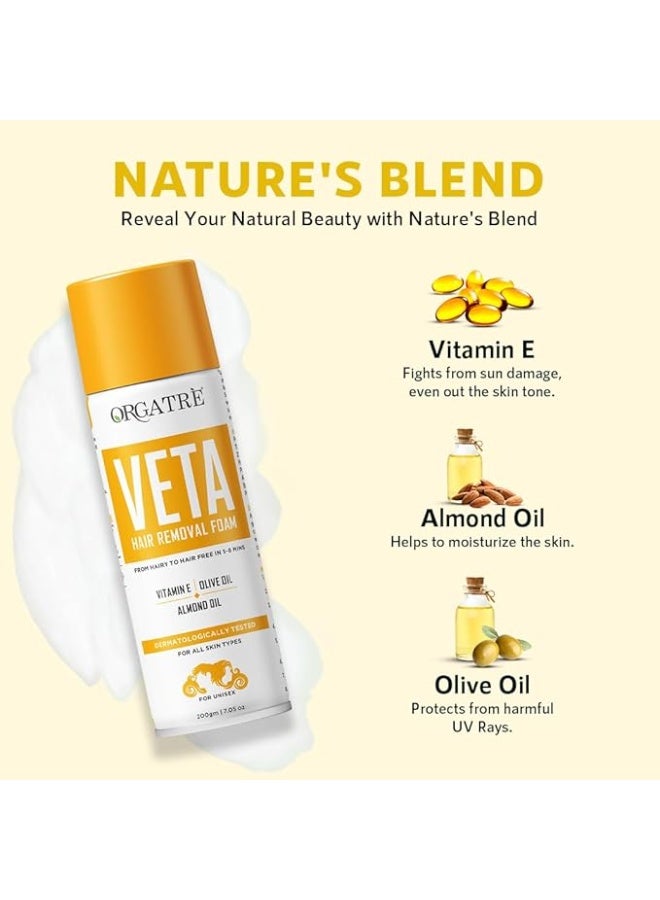 Orgatre Veta Hair Removal Foam Wash For Men & Women | Painless Body Hair Removal Spray For Chest, Back, Legs & Under Arms| Hair Removal Cream Spray - 200 Gm - Image 4