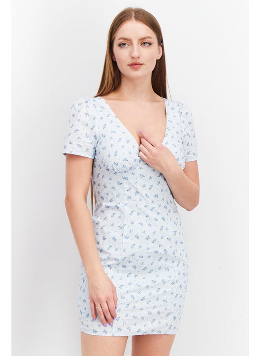 Women Allover Print Cups Detail Mini Dress, Blue