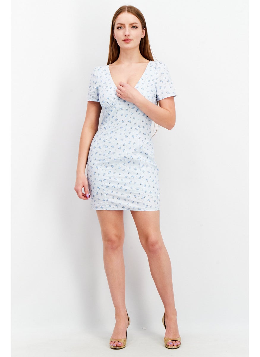 NA-KD - Women Allover Print Cups Detail Mini Dress, Blue - Image 1