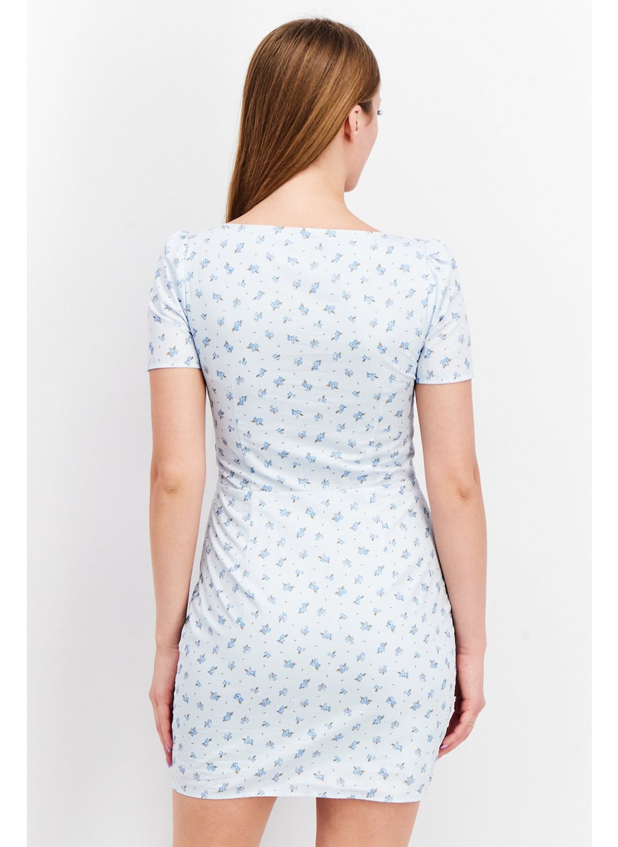 NA-KD - Women Allover Print Cups Detail Mini Dress, Blue - Image 1
