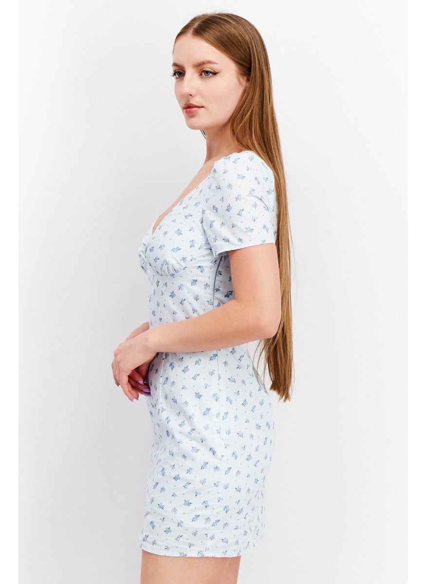 NA-KD - Women Allover Print Cups Detail Mini Dress, Blue - Image 1