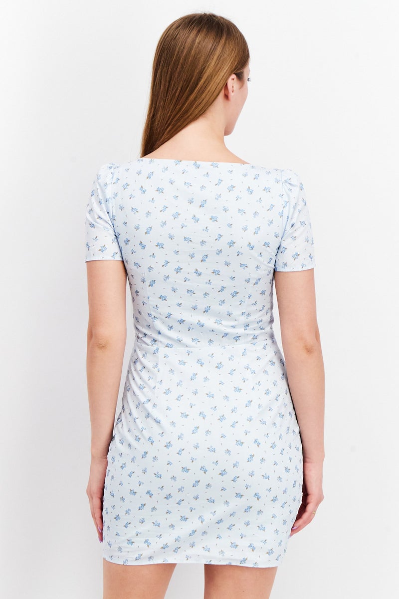 NA-KD Women Allover Print Cups Detail Mini Dress, Blue - Image 4