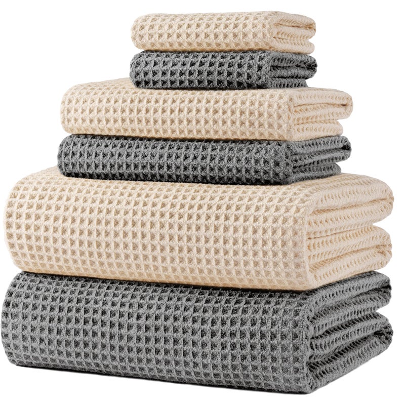POLYTE 430 GSM Microfiber Quick Dry Lint Free Oversize Bath Towel Set, 6 Piece (Waffle Weave) - Image 1