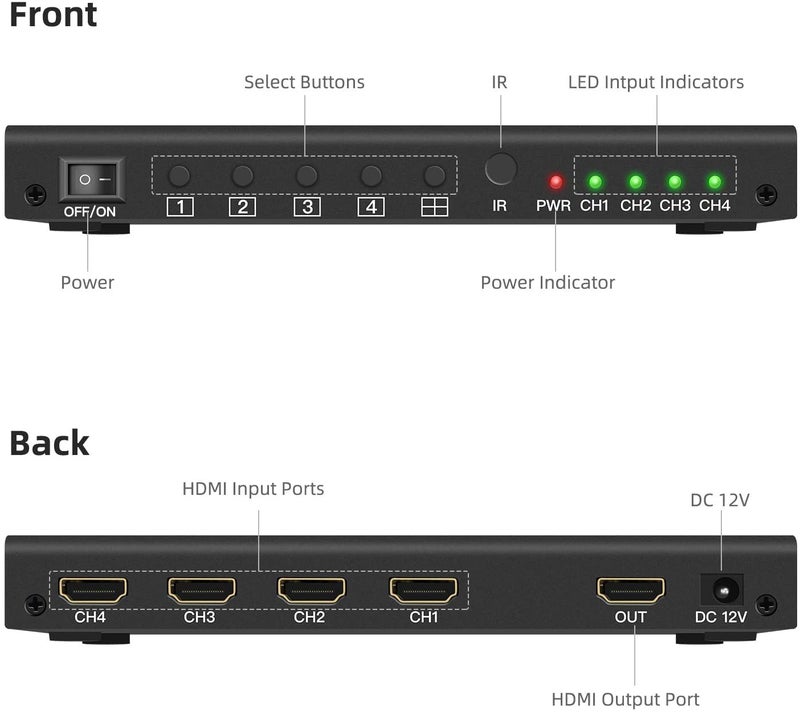 Microware Quad Multi-Viewer 4x1 HDMI Switcher 4 Ports with Seamless Switch Remote - Image 3