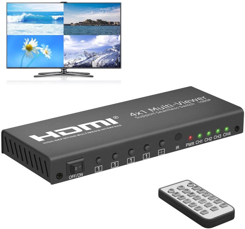 Microware Quad Multi-Viewer 4x1 HDMI Switcher 4 Ports with Seamless Switch Remote - Image 1