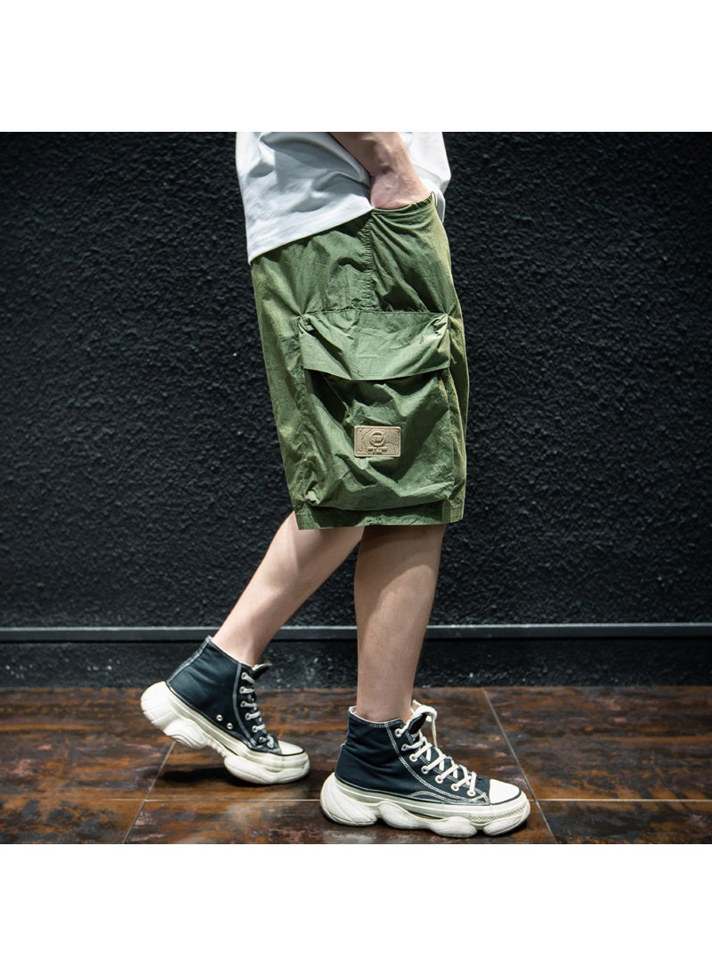 Generic - Summer Thin Casual Workoveralls Shorts Men Loose-fit Trendy Brand Ins Five-piece Pants Style Straight-leg Five-piece Shorts Army Green - Image 1