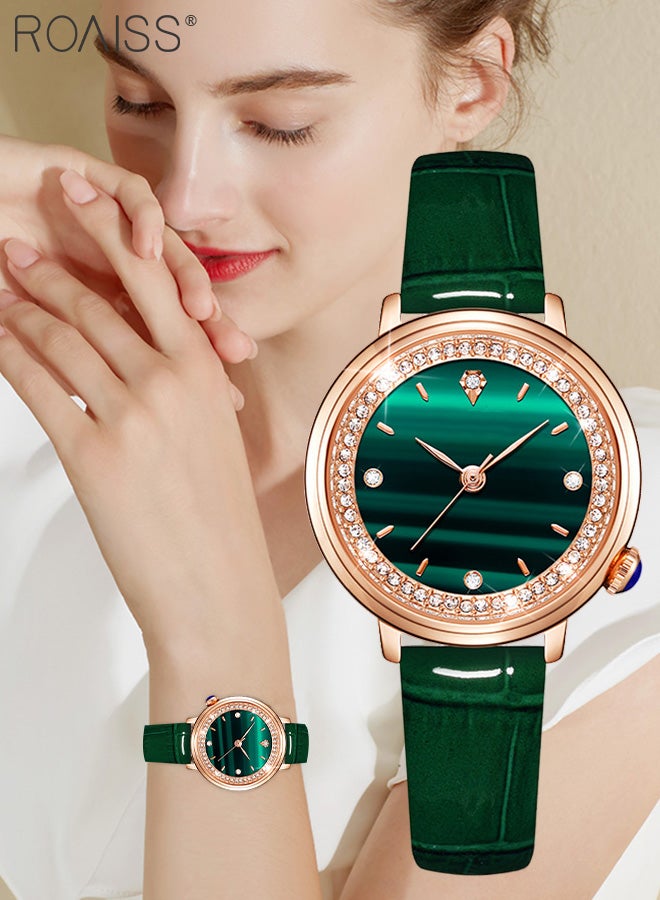 roaiss Women's Leather Strap Quartz Watch Analog Display Round Green Dial with Rhinestones Decoration Waterproof Luxurious Wristwatch as Gift for Ladies - Image 1