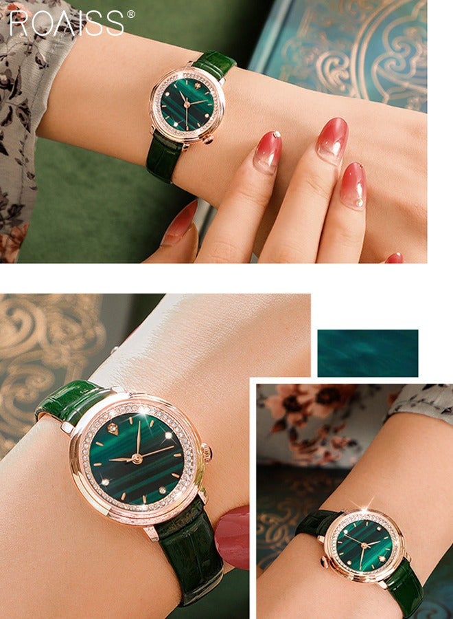 roaiss Women's Leather Strap Quartz Watch Analog Display Round Green Dial with Rhinestones Decoration Waterproof Luxurious Wristwatch as Gift for Ladies - Image 2