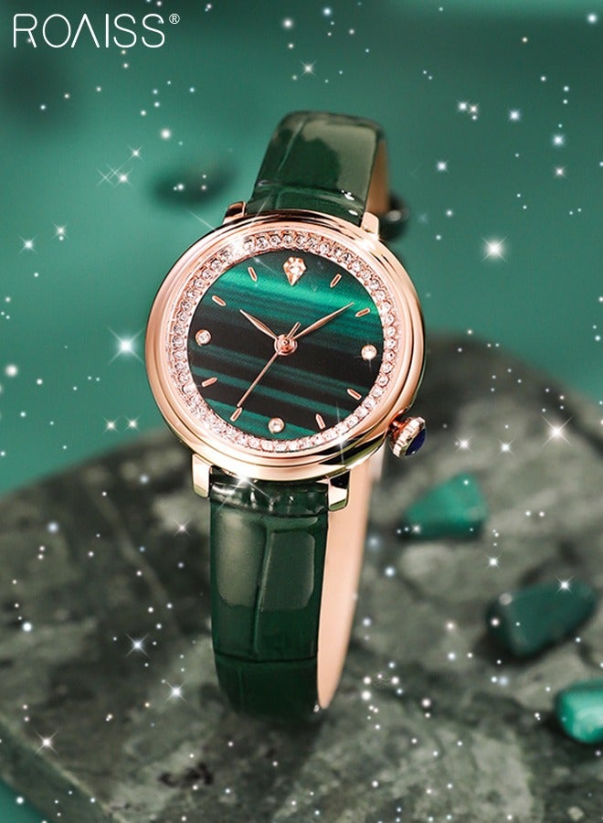 roaiss Women's Leather Strap Quartz Watch Analog Display Round Green Dial with Rhinestones Decoration Waterproof Luxurious Wristwatch as Gift for Ladies - Image 3