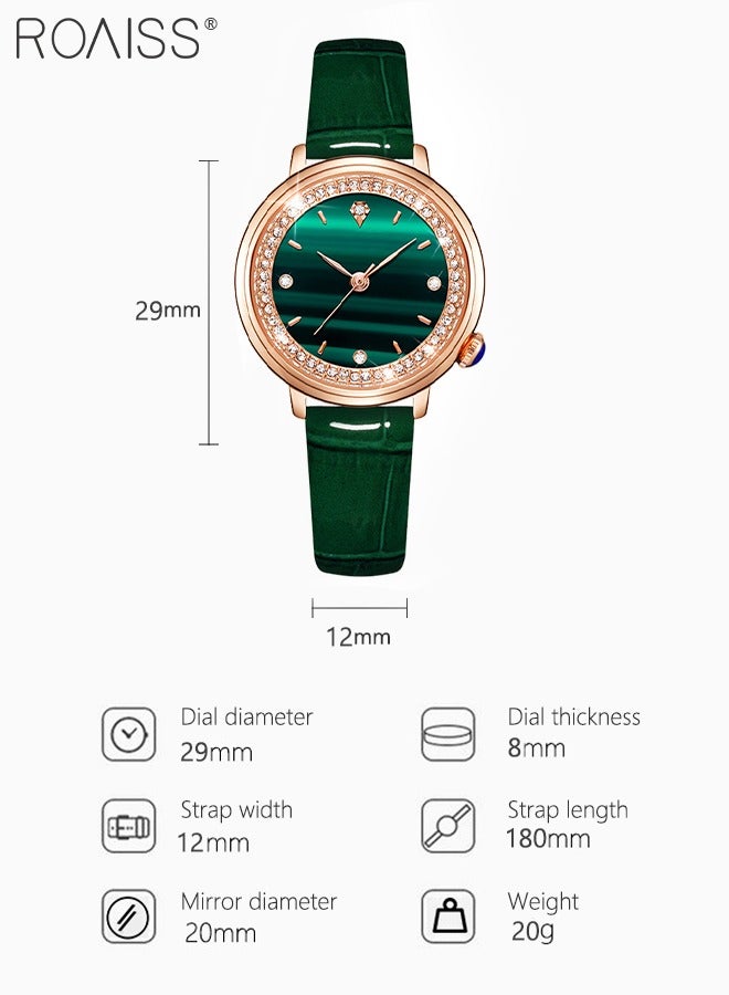 roaiss Women's Leather Strap Quartz Watch Analog Display Round Green Dial with Rhinestones Decoration Waterproof Luxurious Wristwatch as Gift for Ladies - Image 4