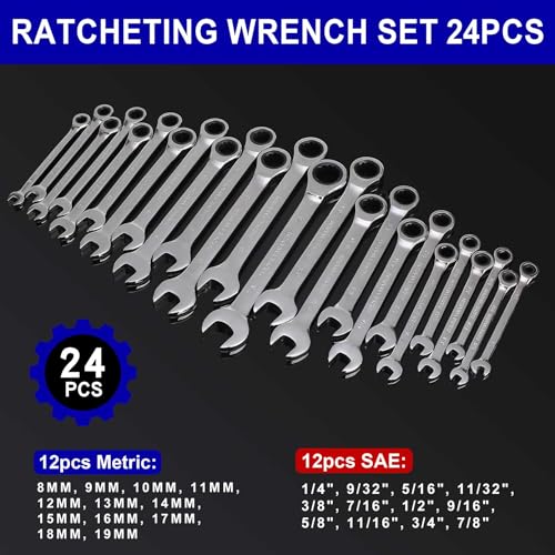 Qnkaa 24pcs Ratcheting Wrench Set with Rollup Pouches Metric (8mm to 19mm) & SAE (1/4" to 7/8") Ratchet Combination Wrenches Set Wrench set Metric and Standard - Image 2