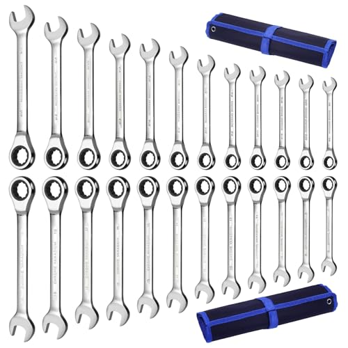 Qnkaa 24pcs Ratcheting Wrench Set with Rollup Pouches Metric (8mm to 19mm) & SAE (1/4" to 7/8") Ratchet Combination Wrenches Set Wrench set Metric and Standard - Image 1