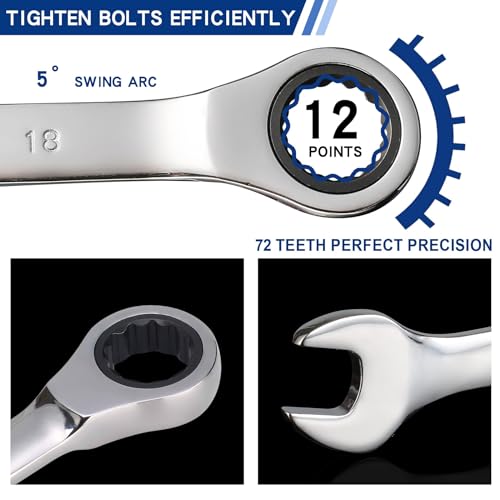 Qnkaa 24pcs Ratcheting Wrench Set with Rollup Pouches Metric (8mm to 19mm) & SAE (1/4" to 7/8") Ratchet Combination Wrenches Set Wrench set Metric and Standard - Image 4
