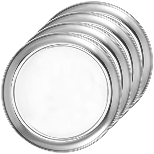 JOIKIT 4 Pack 12 Inch Stainless Steel Plate, Round Metal Dinner Plates, Kitchenware Dinner Dishes Serving Tray Large Camping Plates for BBQ, Snack, Food Serving, Dishwasher Safe - Image 1