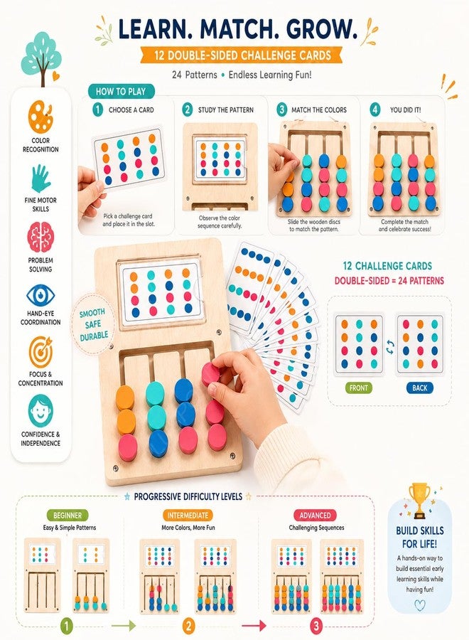 PLUSPOINT Kids Montessori Slide Puzzle - Wooden Color & Pattern Matching Learning Toy for Kids Ages 4-8, Educational Brain Teaser Travel Game for Boys & Girls - Image 4