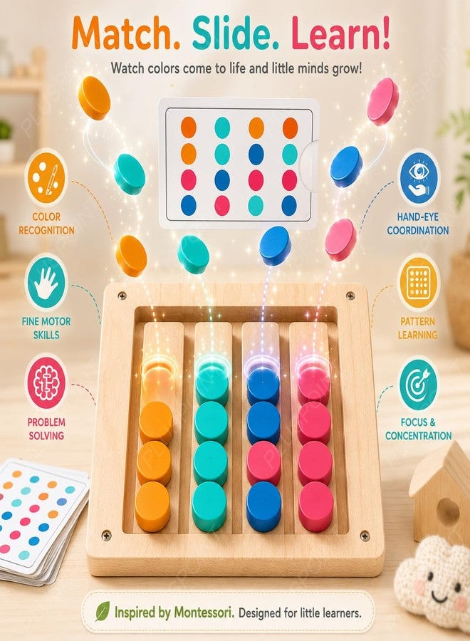 PLUSPOINT Kids Montessori Slide Puzzle - Wooden Color & Pattern Matching Learning Toy for Kids Ages 4-8, Educational Brain Teaser Travel Game for Boys & Girls - Image 2
