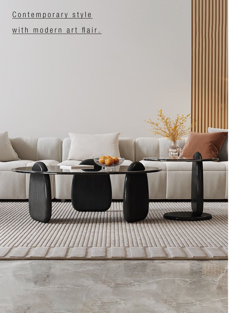 Merry Moments Modern Coffee and Side Table Set Cafe Table Sofa Side Table End Table Snack Table Fshion Design for Living Room Bedroom Office Retail Tempered Glass Top Solid Wood Base H39xL80xW80 cm  - Image 3
