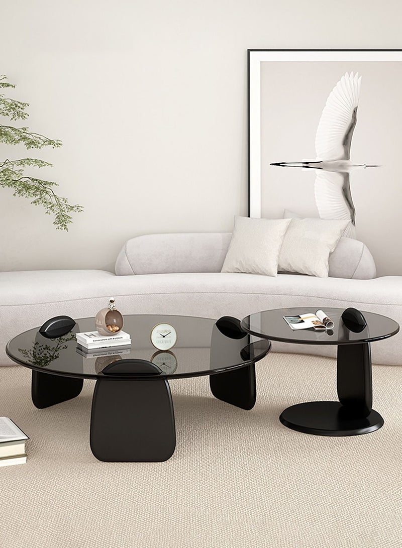 Merry Moments Modern Coffee and Side Table Set Cafe Table Sofa Side Table End Table Snack Table Fshion Design for Living Room Bedroom Office Retail Tempered Glass Top Solid Wood Base H39xL80xW80 cm  - Image 1