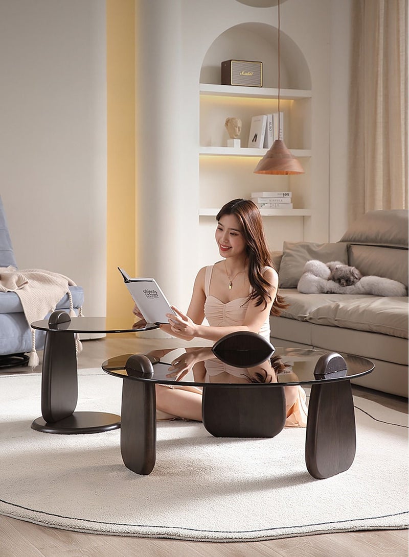 Merry Moments Modern Coffee and Side Table Set Cafe Table Sofa Side Table End Table Snack Table Fshion Design for Living Room Bedroom Office Retail Tempered Glass Top Solid Wood Base H39xL80xW80 cm  - Image 4