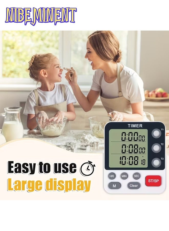 NIBEMINENT Digital Kitchen Timer - 3 Channel Countdown Triple Timer for Cooking, Magnetic Memory-Preset Large Display Adjustable Alarm Volume, Multi Times Management, AAA Battery Included - Image 4