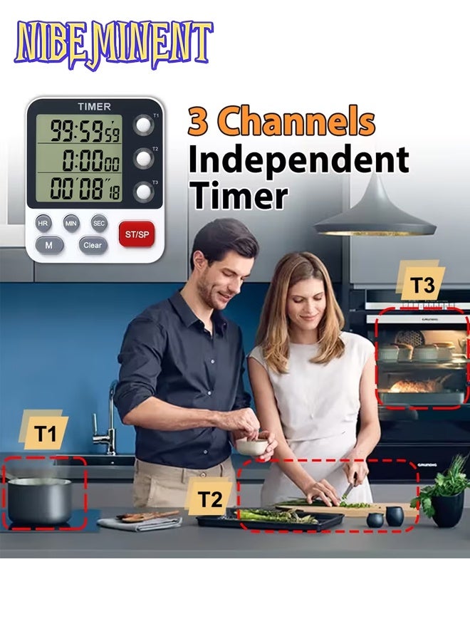NIBEMINENT Digital Kitchen Timer - 3 Channel Countdown Triple Timer for Cooking, Magnetic Memory-Preset Large Display Adjustable Alarm Volume, Multi Times Management, AAA Battery Included - Image 5