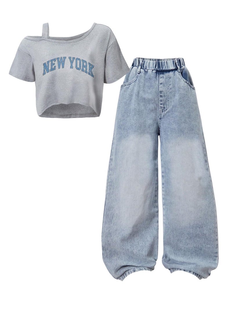 OYOANGLE Girl's 2 Pieces Cute Outfits Y2K Letter Print Top Shirts and Denim Loose Long Pants Jeans Clothes Sets Blue 12 Years - Image 1