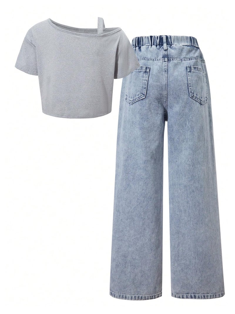 OYOANGLE Girl's 2 Pieces Cute Outfits Y2K Letter Print Top Shirts and Denim Loose Long Pants Jeans Clothes Sets Blue 12 Years - Image 2