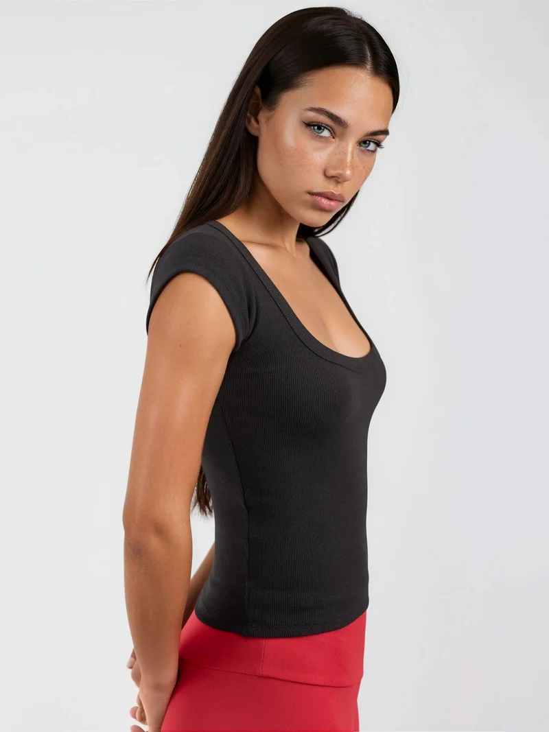 بوسيم BUSEM Slim Fit Ribbed U Collar Blouse
