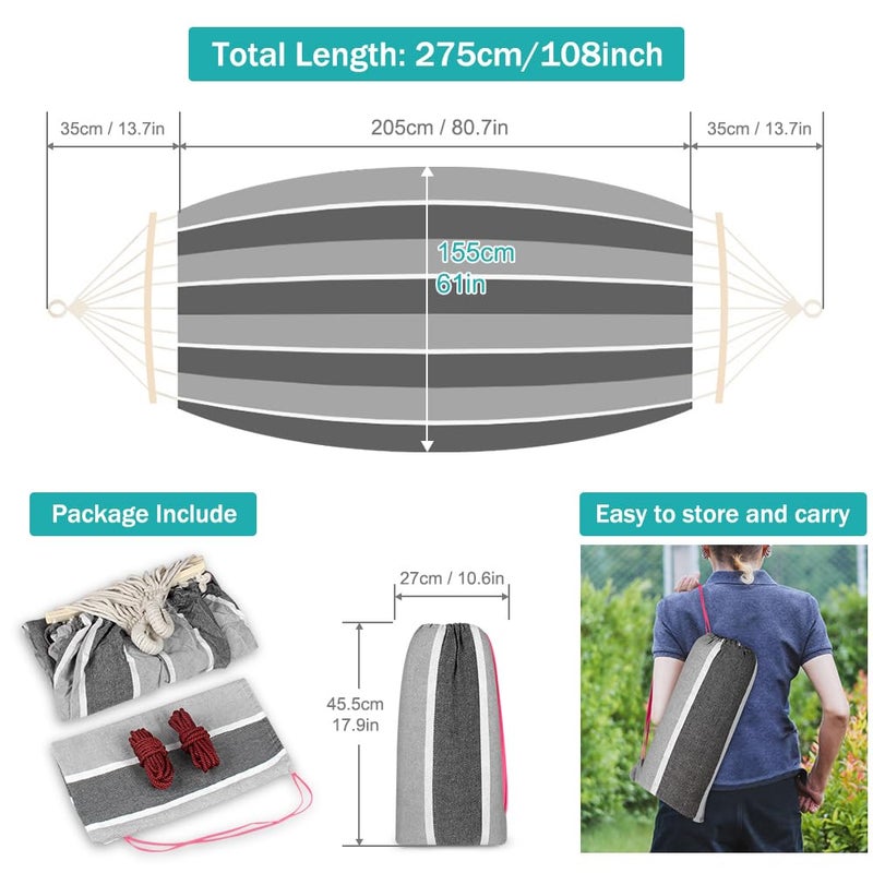 MOSFiATA Camping Hammock 550lb Upgraded Thickened 320G Durable Canvas Fabric Hammocks with Anti Roll Balance Beam and Sturdy Metal Knot for Camping, Patio, Backyard, Outdoorï¼ˆGreyï¼‰ - Image 3
