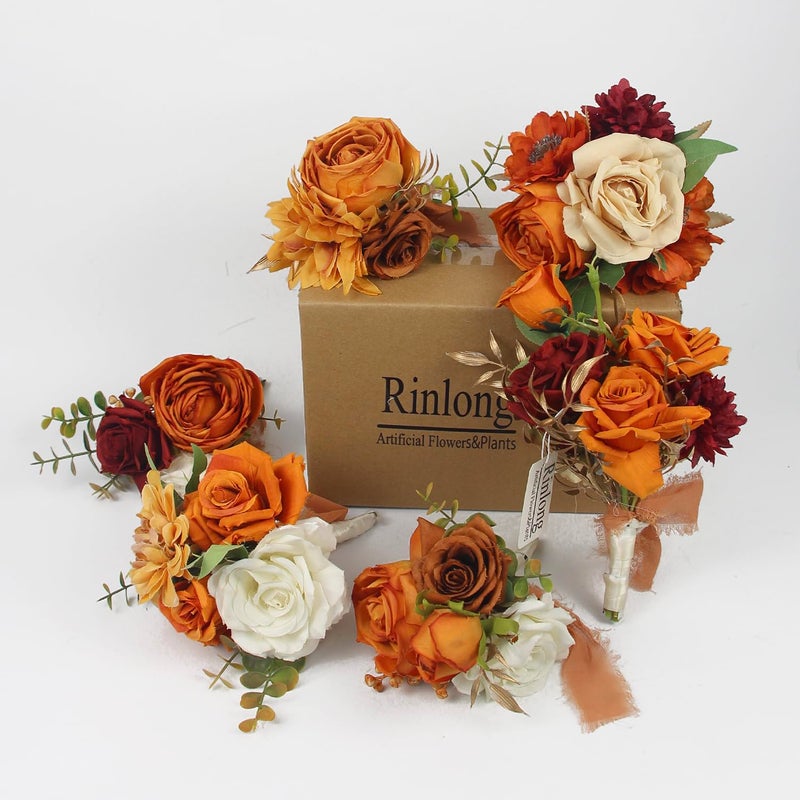 Rinlong Rinlong 6Pcs Assorted Flower Centerpieces for Wedding Fall Tables Centerpiece Burnt Orange Bridesmaid Bouquets Baby Nursery Shelf Mantel Decor  - Image 3