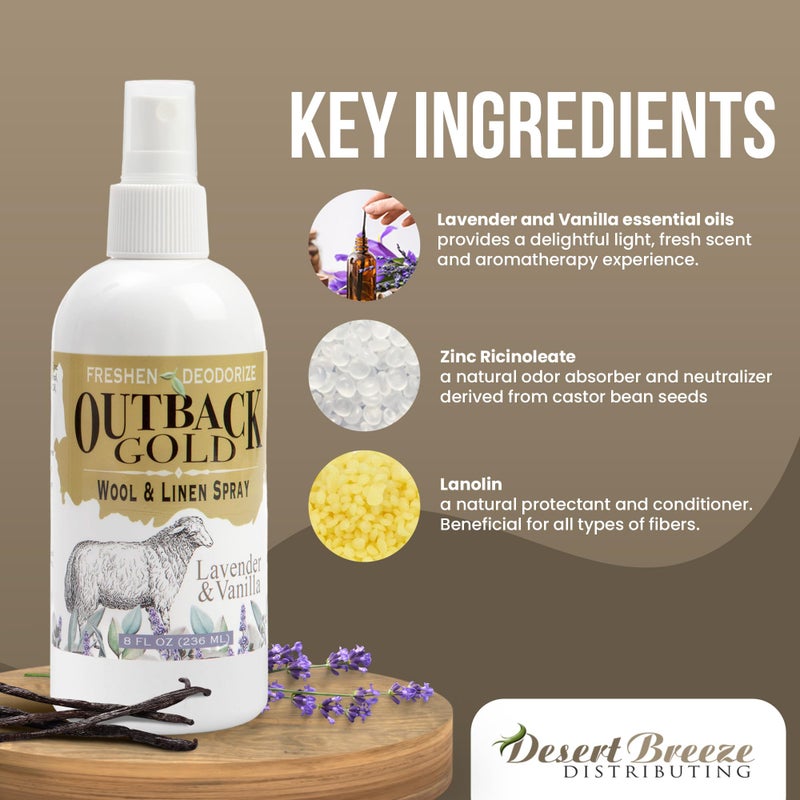 Desert Breeze Distributing Outback Gold - Linen Spray & Fabric Freshener Spray, Natural Bed Spray for Wool & Linen, Lavender & Vanilla Scent, Essential Oils, Eco-Friendly Deodorizer for Home Fabrics, 8 Fl Oz - Image 3