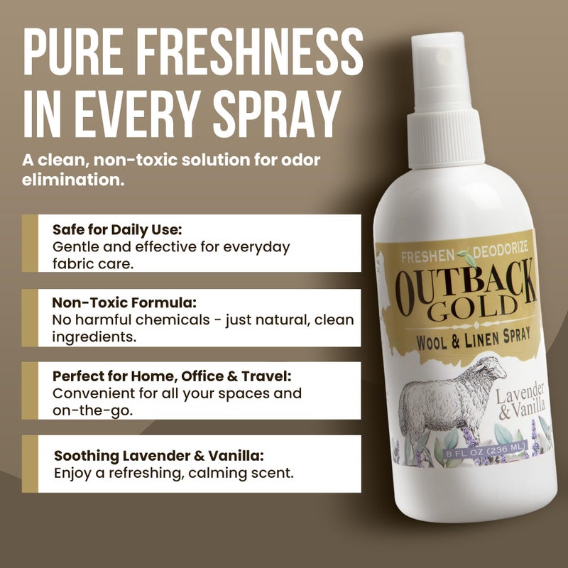 Desert Breeze Distributing Outback Gold - Linen Spray & Fabric Freshener Spray, Natural Bed Spray for Wool & Linen, Lavender & Vanilla Scent, Essential Oils, Eco-Friendly Deodorizer for Home Fabrics, 8 Fl Oz - Image 4