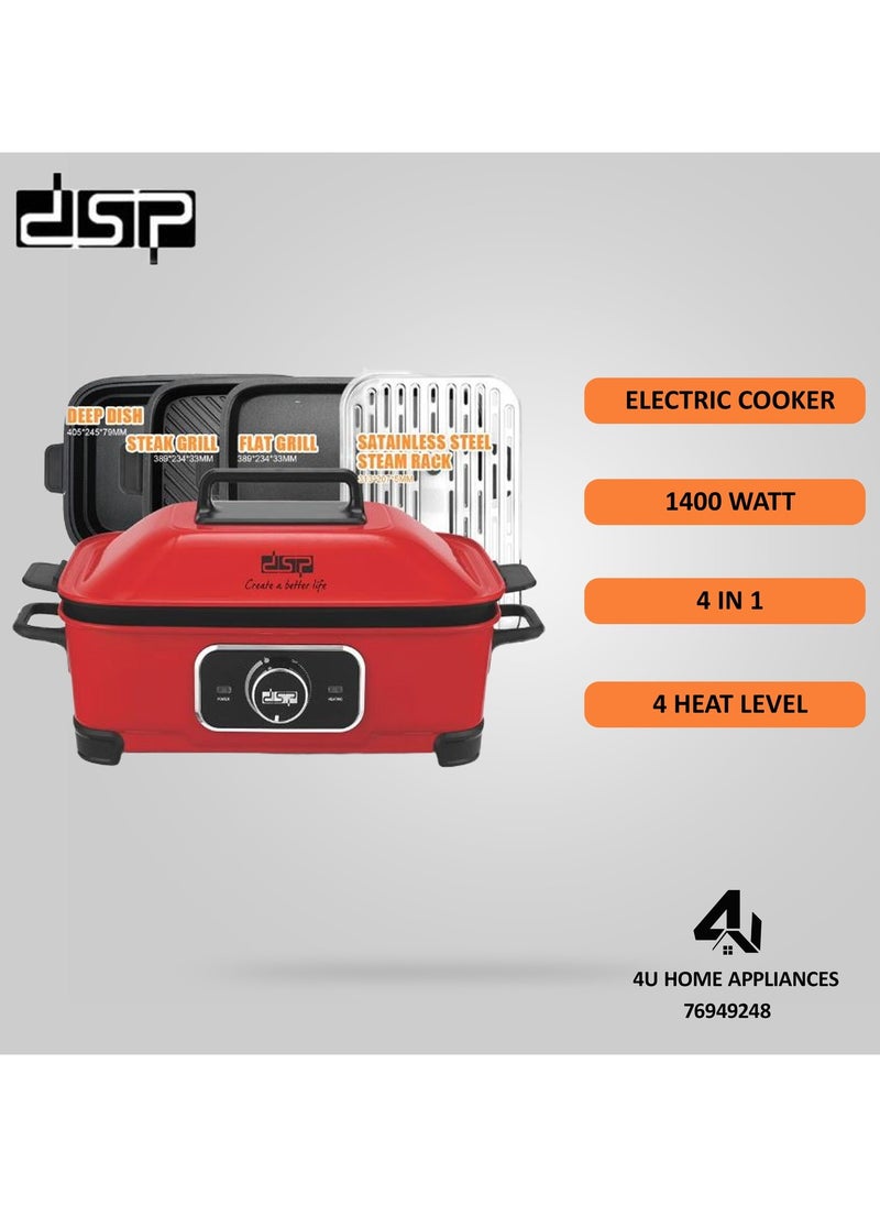 4*1 Electric Cooker Multifunctional Kitchen Separate pots structures Safe to use and easy to clean Functions Frying Grilling Steaming Boiling and cooking in soup pot Overheat protection 1400W