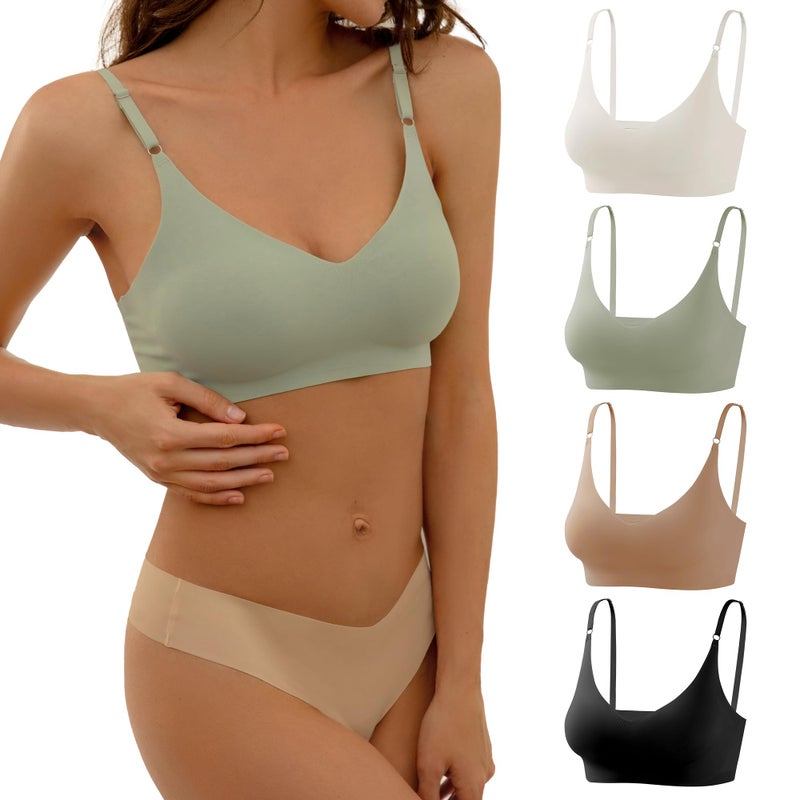 DEANGELMON 4 Pieces V Neck Bralettes Padded Seamless Adjustable Straps Bra Everyday Basic Sleeping Bras (4P5,M) - Image 1