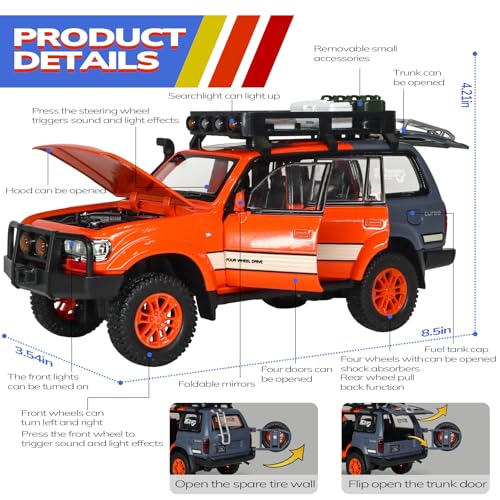 FRJV Toy Cars for Boys Diecast Cars 1 24 Scale Compatible with Land Cruiser LC80 Car Model CollectiblePull Back Toy Car with Lights and SoundsToy Cars for Boys Age 47Orange - Image 5