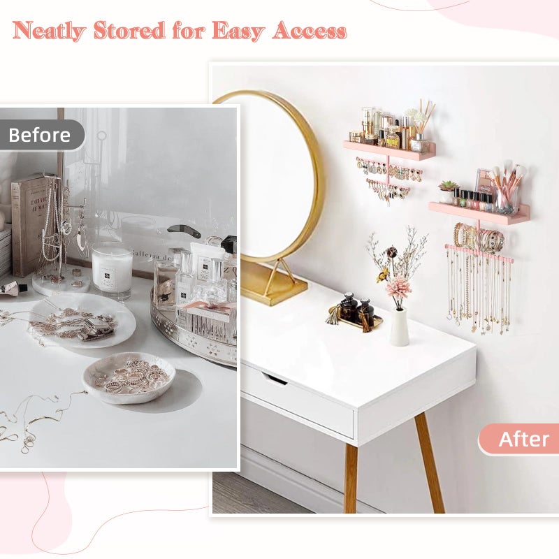 Keebofly Jewelry Organizer Wall Mounted Hanging with Wooden Shelf for Kids, Girls, Teens, Jewelry Holder Storage Display for Earring, Necklace, Bracelet, Bow, Pink, (Patented) - Image 5