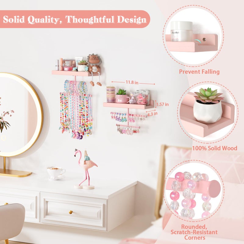 Keebofly Jewelry Organizer Wall Mounted Hanging with Wooden Shelf for Kids, Girls, Teens, Jewelry Holder Storage Display for Earring, Necklace, Bracelet, Bow, Pink, (Patented) - Image 4