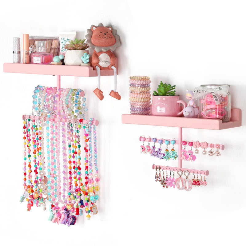 Keebofly Jewelry Organizer Wall Mounted Hanging with Wooden Shelf for Kids, Girls, Teens, Jewelry Holder Storage Display for Earring, Necklace, Bracelet, Bow, Pink, (Patented) - Image 1