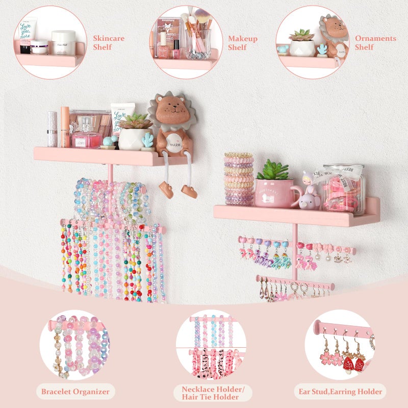 Keebofly Jewelry Organizer Wall Mounted Hanging with Wooden Shelf for Kids, Girls, Teens, Jewelry Holder Storage Display for Earring, Necklace, Bracelet, Bow, Pink, (Patented) - Image 2