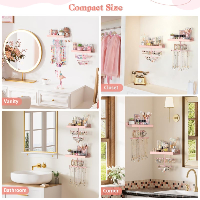 Keebofly Jewelry Organizer Wall Mounted Hanging with Wooden Shelf for Kids, Girls, Teens, Jewelry Holder Storage Display for Earring, Necklace, Bracelet, Bow, Pink, (Patented) - Image 3