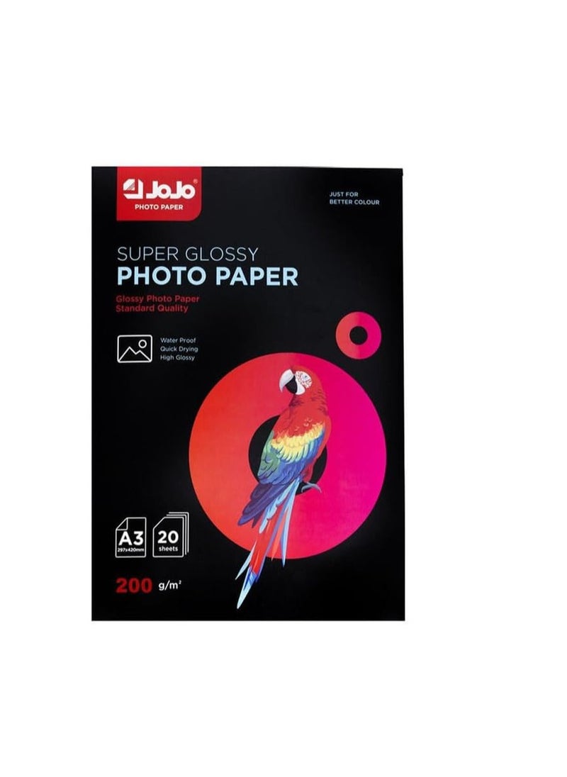 JOJO Jojo Super Glossy Waterproof Photo Paper, 20 Sheets, A3 Size  - Image 1