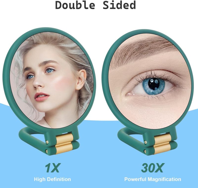 30x Magnifying Mirror: Dual-Sided 1x/30x Magnification, Adjustable Handle Stand, Compact Foldable Design - Portable Travel Mirror for Makeup Application and Grooming On The Go - Image 4